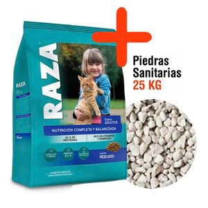 Combo Raza Gato Adulto Sabor Pescado 10kg + Piedras Sanitarias 25kg