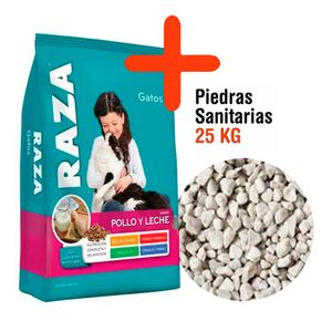Combo Raza Gato Adulto Sabor Pollo y Leche 10kg + Piedras Sanitarias 25kg